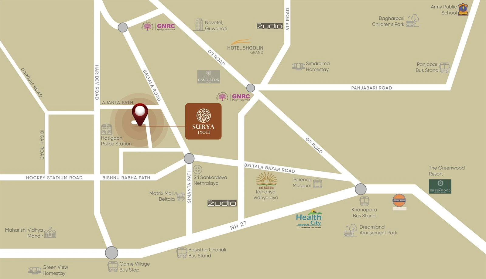 Surya Jyoti Location Map showing Beltola, Hatigaon, and nearby landmarks