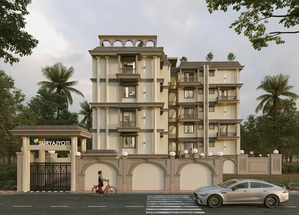 Front elevation of SM Surya Jyoti Apartments in Beltola, Guwahati with gated entrance