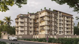 Side angle view of SM Surya Jyoti residential apartments with balconies and greenery