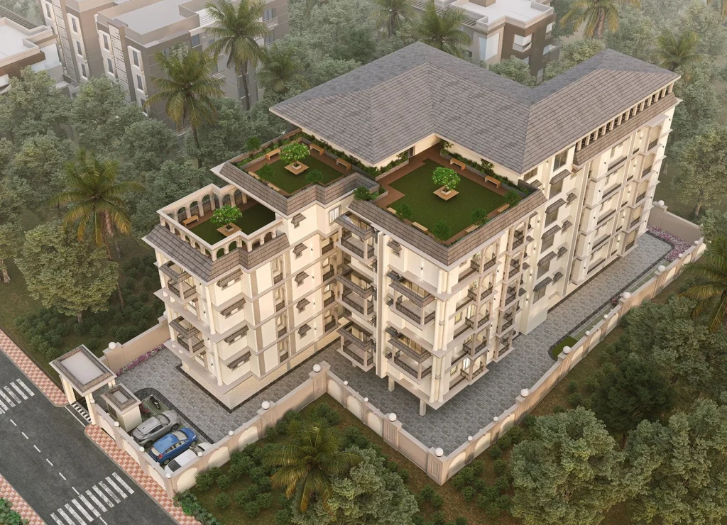 Aerial top view of SM Surya Jyoti showing rooftop garden and surrounding landscape in Beltola