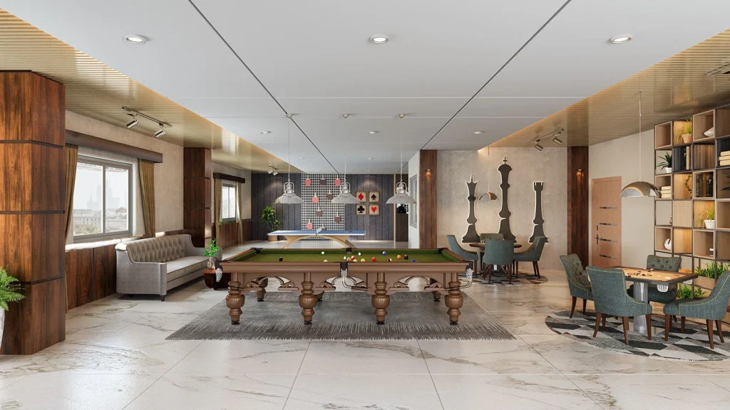Indoor games area at SM Surya Jyoti featuring pool table, chess zone, and board games section
