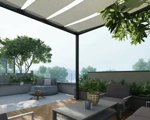 Elegant semi-covered terrace with outdoor seating, greenery, and stylish urban décor elements.