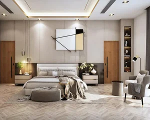 Luxurious modern bedroom with elegant interiors, abstract wall art, ambient lighting, and cozy furnishings.