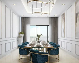 Contemporary dining room with a large table, velvet blue chairs, modern chandelier, and balcony access.