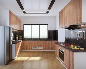 Modular kitchen with wooden cabinets, black marble countertops, and integrated appliances in a bright airy space.