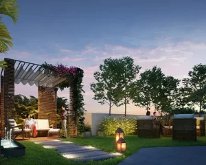 Artist’s impression of a rooftop garden and seating area with pergola, warm lighting, and evening ambiance for social gatherings.