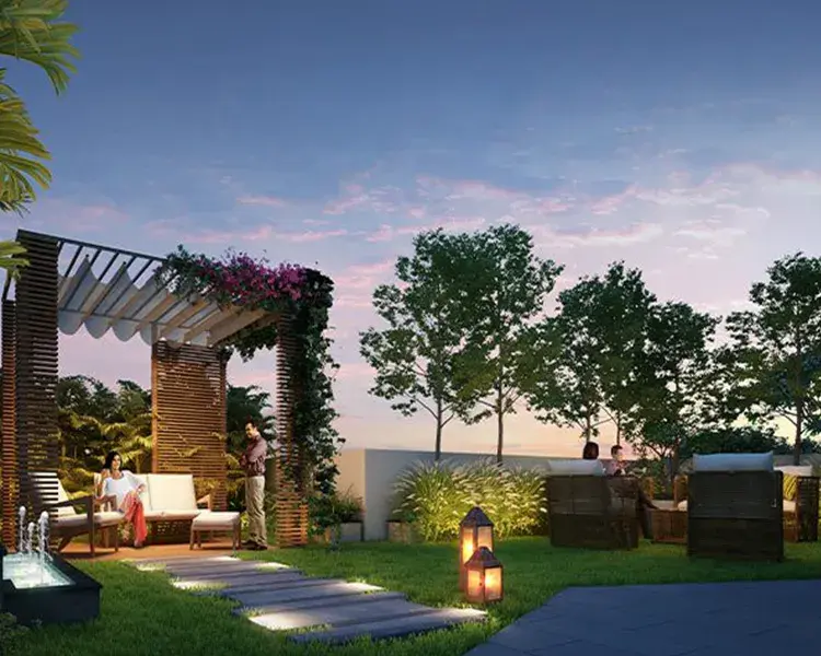 Artist’s impression of a rooftop garden and seating area with pergola, warm lighting, and evening ambiance for social gatherings.